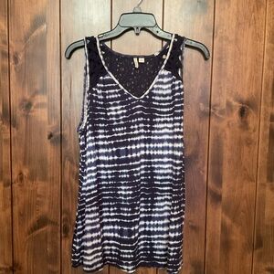 Cato Navy and White Tie-Dye V-Neck Tank with Crochet Shoulders